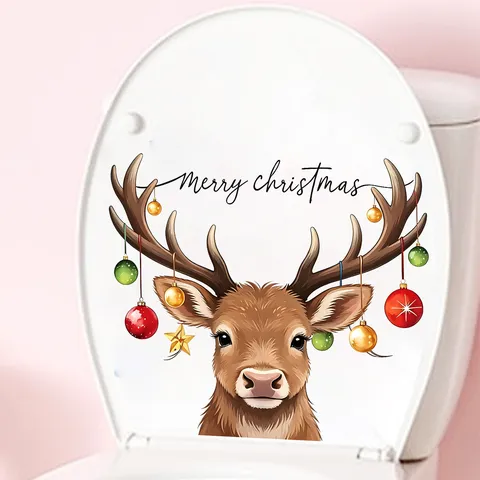 Sticker Couvercle WC Renne de Noël Amovible PVC Dessin Animé Élan Autocollant de Siège de Toilette Décoration Festive de Maison