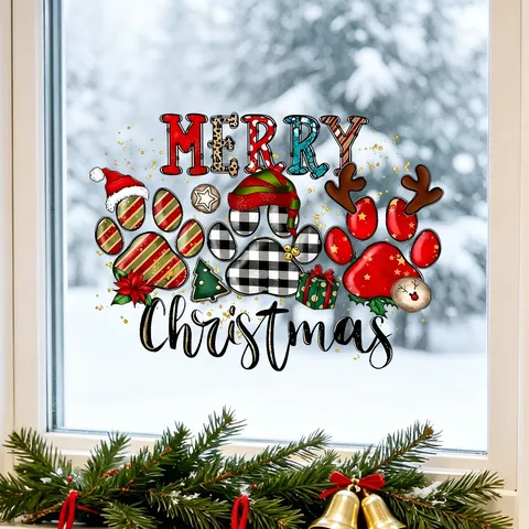 Vintage Hand Painted Christmas Paw Print Static Window Clings PVC Glue Free Glass Stickers For Holiday Atmosphere Decoration
