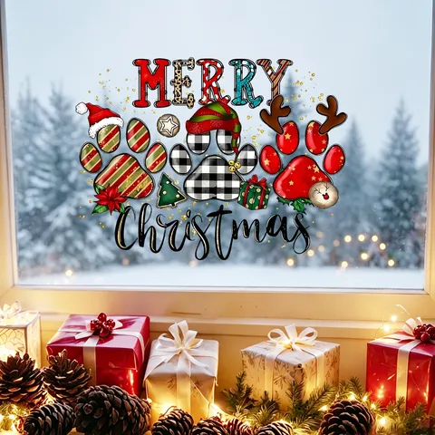 Vintage Hand Painted Christmas Paw Print Static Window Clings PVC Glue Free Glass Stickers For Holiday Atmosphere Decoration