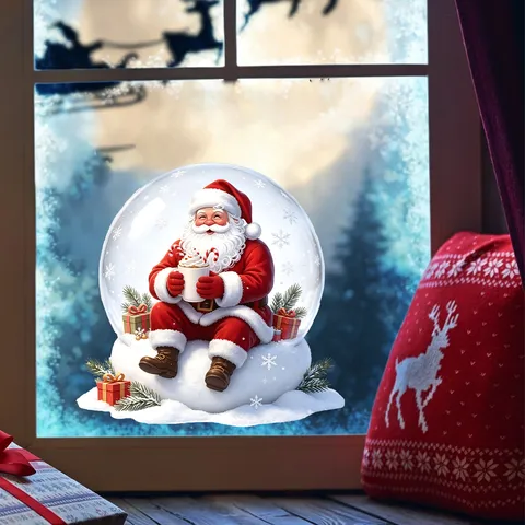 Christmas Santa Claus Snow Globe Static Cling Window Sticker Xmas Snowflake Glass Decal For Festive Home Party Decor