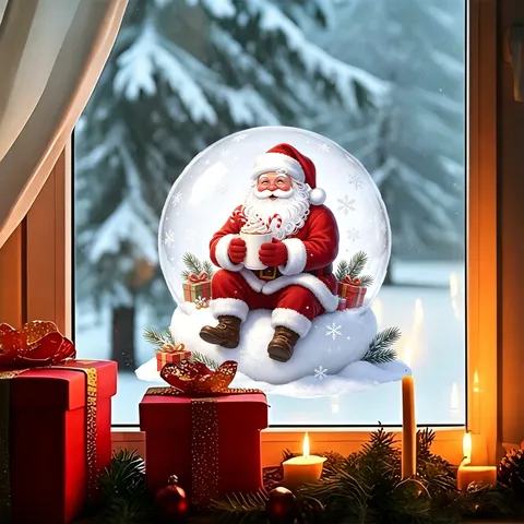 Christmas Santa Claus Snow Globe Static Cling Window Sticker Xmas Snowflake Glass Decal For Festive Home Party Decor