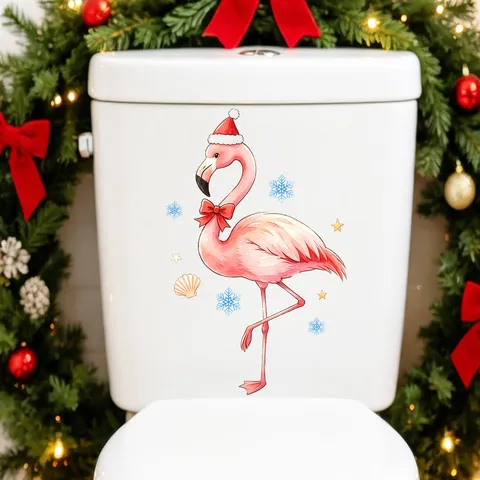 Sticker Couvercle de Toilette Flamant Rose de Noël PVC Imperméable Auto-adhésif Amovible Décalcomanie Animale Aquarelle Pour Décoration de Salle de Bain Cadeau de Noël