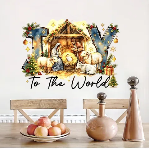 Watercolor Christmas Nativity Scene Wall Sticker JOY To The World Manger Scripture PVC Decal For Living Room Bedroom Holiday Home Decoration