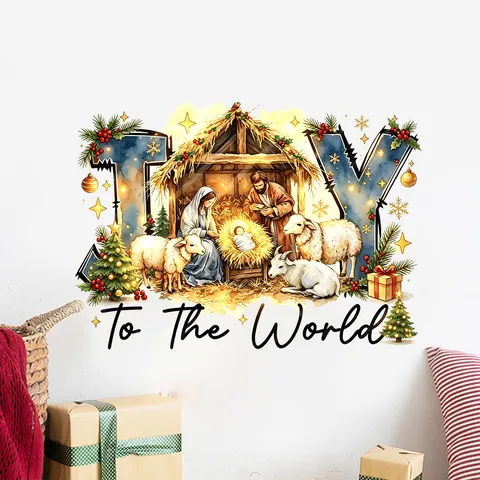Watercolor Christmas Nativity Scene Wall Sticker JOY To The World Manger Scripture PVC Decal For Living Room Bedroom Holiday Home Decoration