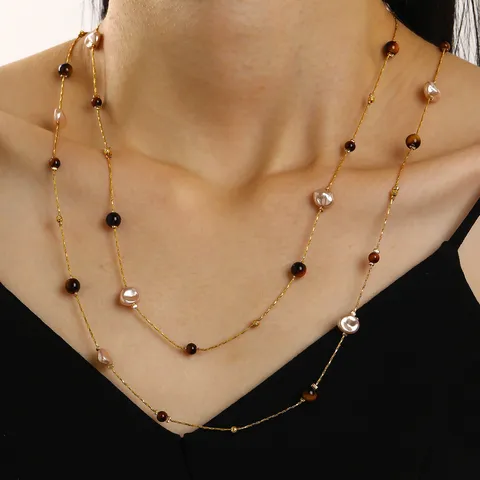 Vintage Maillard Style Beaded Layered Necklace For Women Bohemian Long Sweater Chain Crystal Glass Alloy Jewelry Accessory
