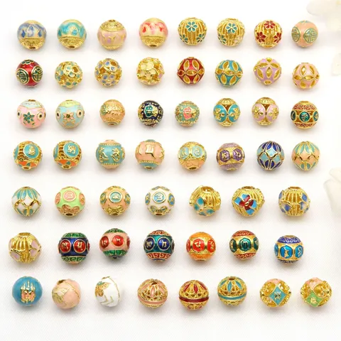 Perles d'Espacement Rondes Émaillées Plaquées Or 18K Huile Goutte Boule Creuse Mantra Perles en Vrac Résultats de Fabrication de Bijoux DIY