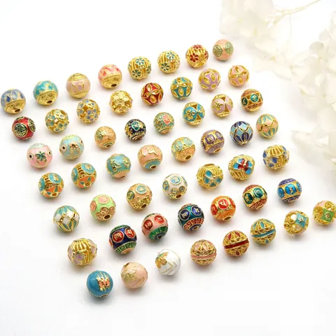 Perles d'Espacement Rondes Émaillées Plaquées Or 18K Huile Goutte Boule Creuse Mantra Perles en Vrac Résultats de Fabrication de Bijoux DIY