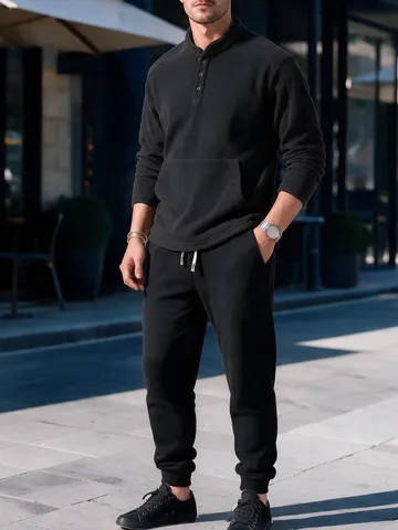 Herren Polar-Fleece-Trainingsanzug Set Stehkragen Henley Sweatshirt Und Kordelzug Jogginghose Warme Casual Winter Outfits