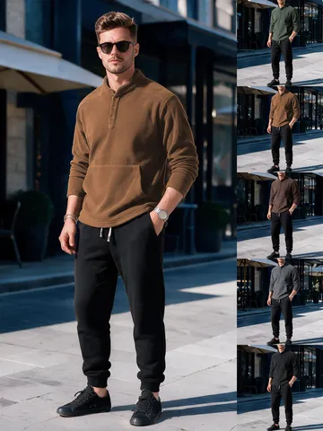 Herren Polar-Fleece-Trainingsanzug Set Stehkragen Henley Sweatshirt Und Kordelzug Jogginghose Warme Casual Winter Outfits