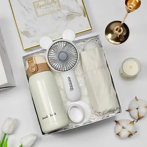 Luxury Business Souvenir Gift Set With Insulated Thermos Stainless Steel Water Bottle Folding Umbrella Mini Handheld Fan