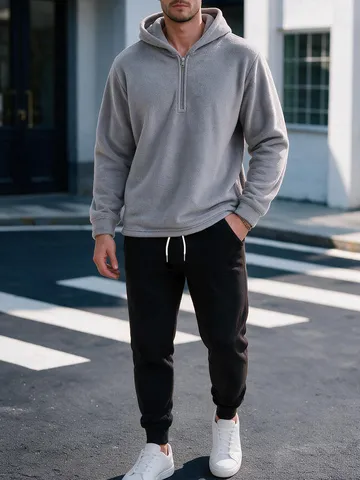 Ensemble Sweat à Capuche et Pantalon en Polaire Corail Décontracté pour Hommes Demi-Zip Manches Longues Survêtement Chaud d'Hiver