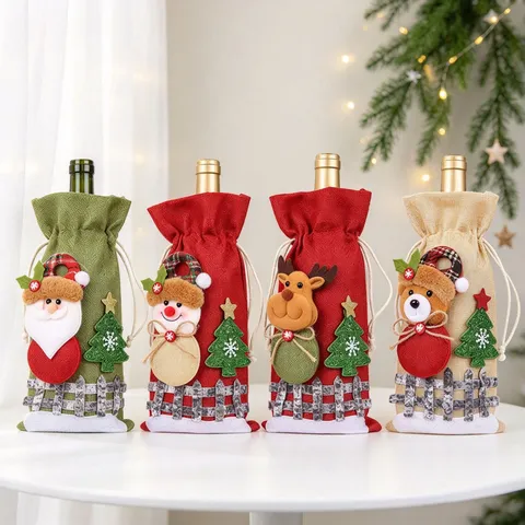 Christmas Wine Bottle Cover Festive Drawstring Burlap Gift Bag Santa Snowman Elk Bear 3D Doll Bottle Wrap Xmas Table Party Decoration