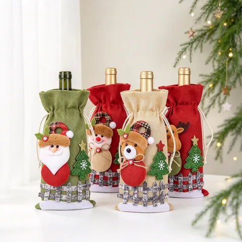 Christmas Wine Bottle Cover Festive Drawstring Burlap Gift Bag Santa Snowman Elk Bear 3D Doll Bottle Wrap Xmas Table Party Decoration