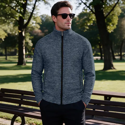 Ανδρική Πλεκτή Ζακέτα Με Επένδυση Fleece Όρθιος Γιακάς Φερμουάρ Στενή Εφαρμογή Ζεστό Casual Πουλόβερ
