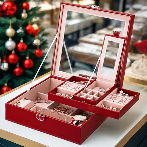 Boîte à Bijoux en Cuir PU Grande Capacité Style Européen Avec Miroir Double Couche Fermoir Métallique Boîtier de Rangement Organisateur Pour Cadeau de Noël Femme Présentoir