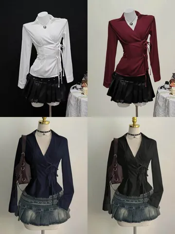 Elegant Women Wrap V Neck Long Sleeve Blouse Side Bow Tie Up Slim Fit Shirt Casual Office Commuter Top