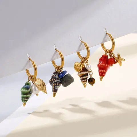 Boucles d'Oreilles Pendantes en Acier Inoxydable Coquillage pour Femmes Style Océan Étoile de Mer Perle Artificielle Bijoux
