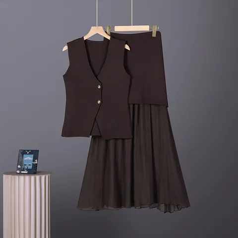 Dames Gebreide Tweedelige Rokset V-hals Mouwloze Vest Top En Geplooide Midi Rok Co-ord Set Elegant Slim Fit Zomer Outfit