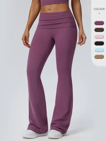 Women Flare Yoga Pants With Fold-Over Waist Skinny High Stretch Hip Lifting Athletic Flare Leggings For Fitness Running Workout Bottom