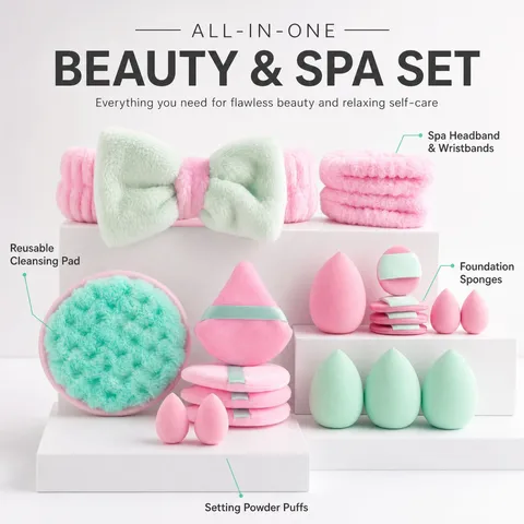 Set Professionale di Spugnette per Trucco Con Fascia Piumino da Cipria in Non-Lattice Idrofilo Kit per Sfumare il Trucco
