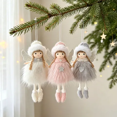 Christmas Plush Angel Doll Hanging Ornament with Glitter Wings and Knitted Hat White Pink Grey Christmas Tree Decoration for Home Party Window