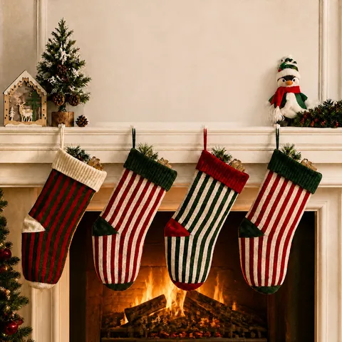 Knitted Christmas Stockings Rainbow Striped Large Xmas Gift Bag For Fireplace Decorative Holiday Socks For Party Decoration