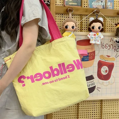 Women Korean Dopamine Canvas Tote Bag Large Capacity Drawstring Shoulder Bag Lightweight Casual Commuting Handbag With Star Charm