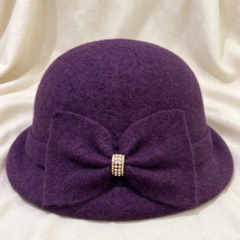 Elegant Women Wool Felt Bucket Hat With Bow Artificial Pearl Rhinestone Winter Autumn Warm Cloche Hat French Retro Fashion Hat