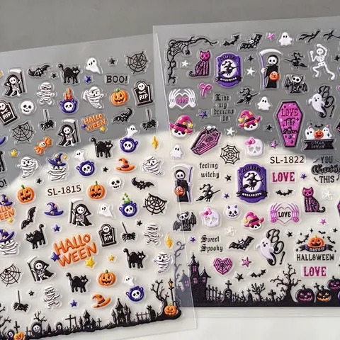 Autocollants d'Art d'Ongle en Relief d'Halloween Plastique PET Citrouille Fantôme Chat Noir Momie Décalcomanies Femme Fête Décor
