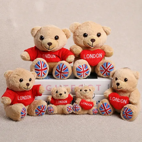 London Souvenir Teddy Bear Plush Toy Cute Stuffed Animal Sitting Bear With Red Hoodie Heart Pattern Union Jack Feet Embroidery Gift