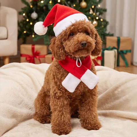 Christmas Pet Santa Hat And Scarf Set Red Soft Plush Costume For Cats Dogs Small Animals Festive Holiday Party Decoration Accessories