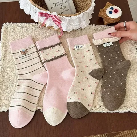 Japanese Preppy Style Cotton Mid-Tube Socks For Women Floral Polka Dot Ruffle Cuff Aesthetic Slouch Socks Loose Knit Cozy Breathable Everyday Underwear Socks