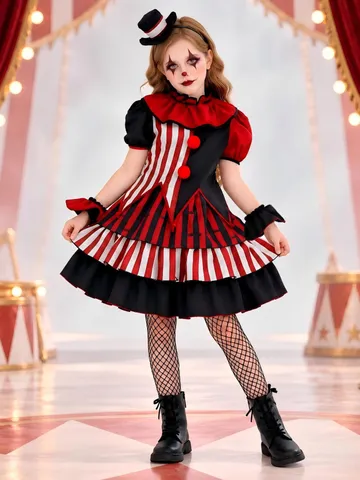 Girls Dark Circus Clown Halloween Costume Striped Printed Polyester Dress Set For Children Carnival Stage Performance Outfit