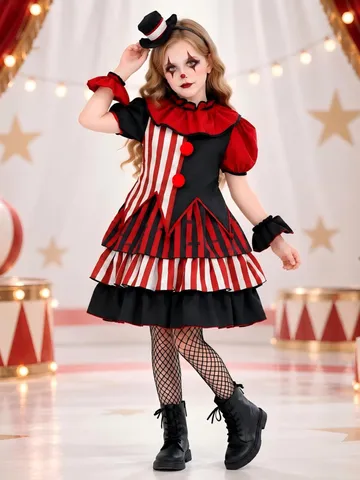 Girls Dark Circus Clown Halloween Costume Striped Printed Polyester Dress Set For Children Carnival Stage Performance Outfit