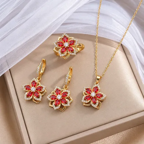 Juego de Joyas Florales de Acero de Titanio con Diamantes de Imitación Collar de Flor de Cinco Pétalos Pendientes Anillo para Mujer