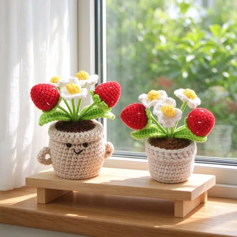 Handmade Crochet Strawberry Potted Plant Yarn Knitted Mini Artificial Flower Desktop Decoration Creative Gift For Home Office Women