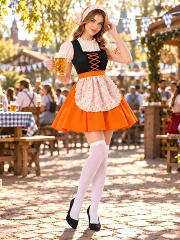 Traditionelles Bayerisches Dirndl Kleid mit Schürze und Kopftuch Damen Oktoberfest Kostüm Halloween Ethnische Festliche Kleidung