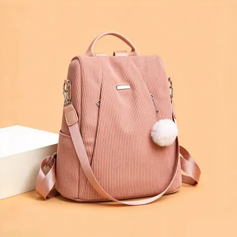 Women Corduroy Backpack Large Capacity Fashion Korean Style Lightweight Travel School Bag For Daily Commute Casual Daypack With Fur Ball Pendant