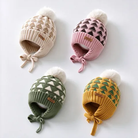 Toddler Winter Knit Hat Ear Protection Warm Thick Windproof Hairball Geometric Jacquard Beanie For Boys Girls