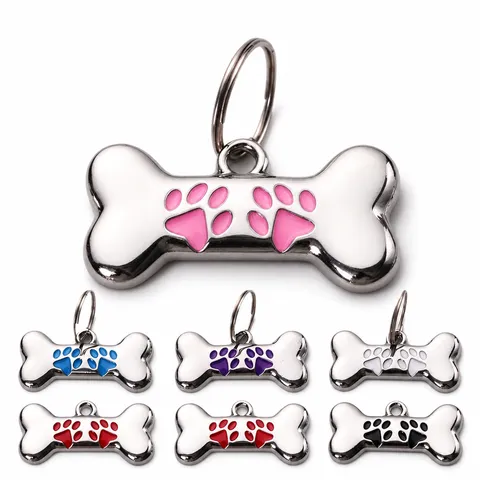 Bone Shape Pet ID Tag Zinc Alloy Metal With Paw Print Pattern For Dogs And Cats Collar Accessory Pendant