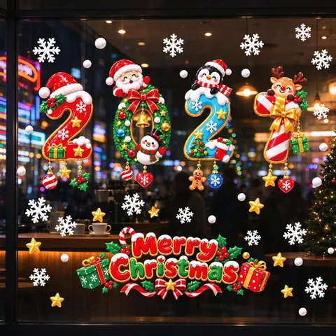 Kerst Vensterstickers Statische PVC Stickers Verwijderbaar Herbruikbaar Kerstman Sneeuwvlokken Rendier Decoratie