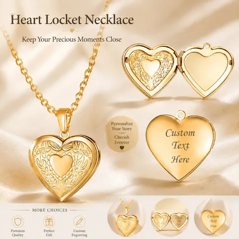 Heart Locket Necklace Stainless Steel Photo Frame Pendant Engraved Floral Pattern Vintage Jewelry For Women Men