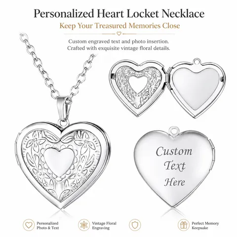 Heart Locket Necklace Stainless Steel Photo Frame Pendant Engraved Floral Pattern Vintage Jewelry For Women Men