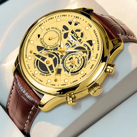 Wokai Men's Sport Quartz Watch With Gold Tone Case And Crocodile Pattern PU Leather Strap Skeleton Dial Fashion Business Wristwatch