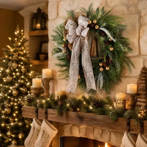 Corona Di Natale Pino Artificiale Eucalyptus Pigna Naturale Campana D'oro Fiocco Di Iuta Decorazione Porta Stile Vintage