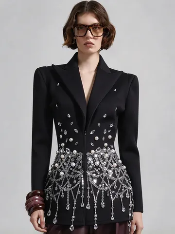 Robe Blazer Courte Sexy Col en V Strass Paillettes Patchwork Coupe Ajustée Manches Longues Robe de Soirée Banquet Noir