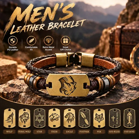 Men Retro Multilayer Braided PU Leather Bracelet With Alloy Leopard Tiger Head Metal Charm Punk Handcrafted Men Jewelry
