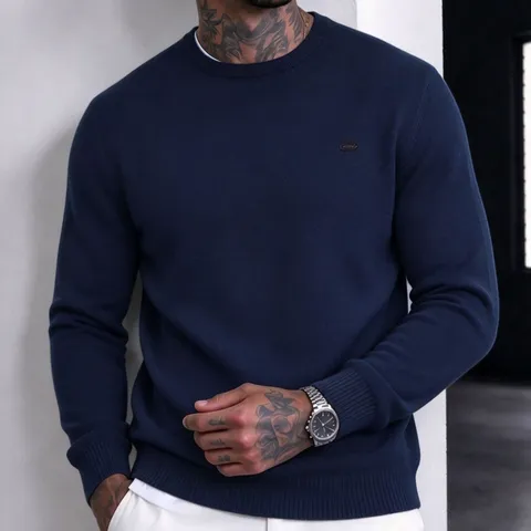 Herren Casual Rundhals Strickpullover Marineblau Langarm Polyester Stricktop Für Den Alltag