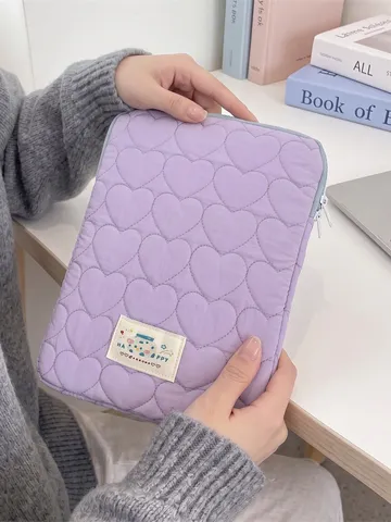 Heart Quilted Laptop Sleeve Soft Padded Tablet Case Macaron Colors Zippered Shockproof Protective Cover For Women Students