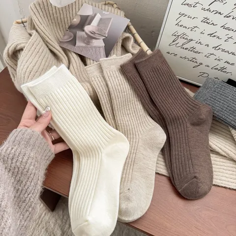 Calcetines de Lana Engrosados para Mujer Calcetines Térmicos de Canalé Invierno Media Caña Color Sólido Cálidos Casuales